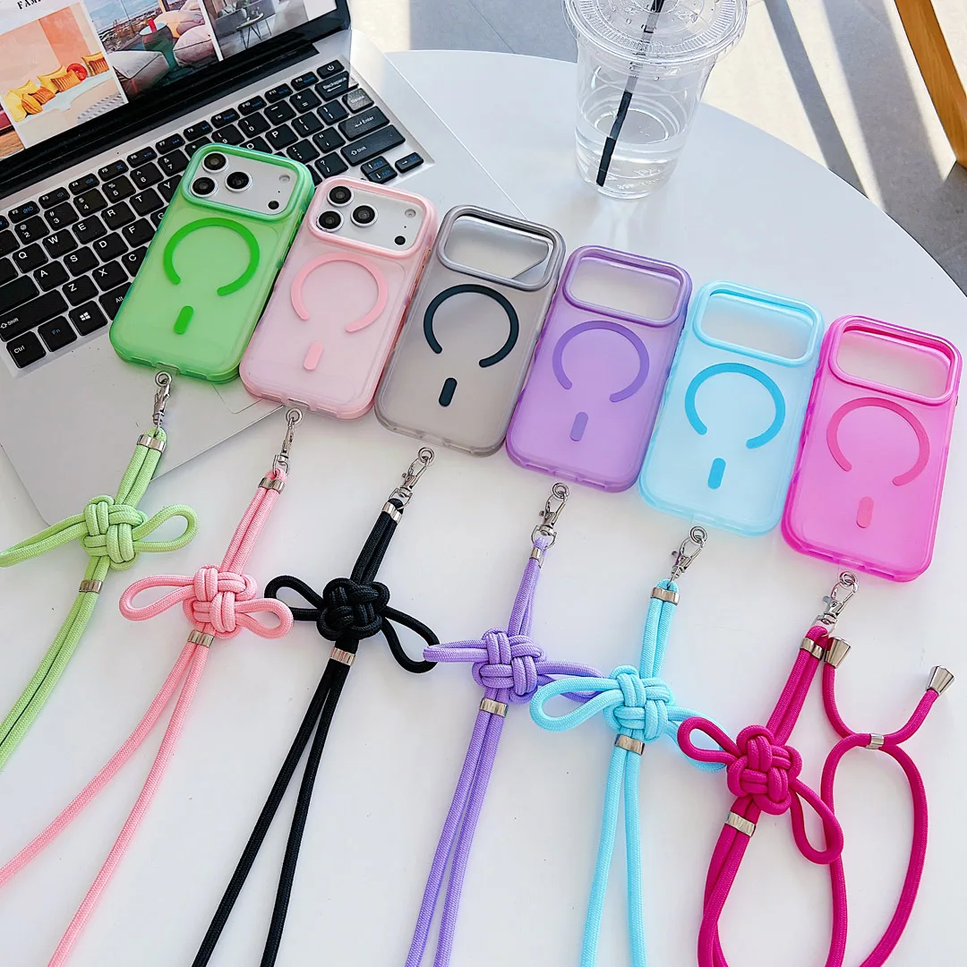 

Neck Strap Rope Anti-Drop Anti-Slip Skin Feel Case For iPhone 11 12 13 14 15 16 17 Pro Max Plus Magnetic Wireless Charge Cover