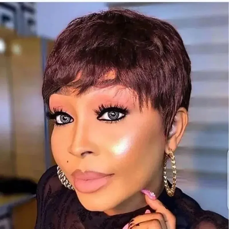 ブルゴーニュ 99J 色ショートボブレミー人毛ウィッグ前髪ピクシーカットフルマシンメイドウィッグ