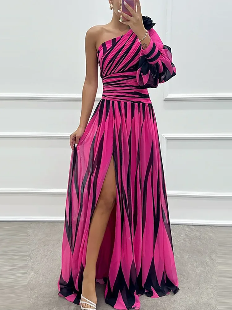 Sexy Elegant Diagonal Collar Off Shoulder Split-Side Party Evening Dress Spring Printed Striped Bohemian Long Dress Off Women\'s