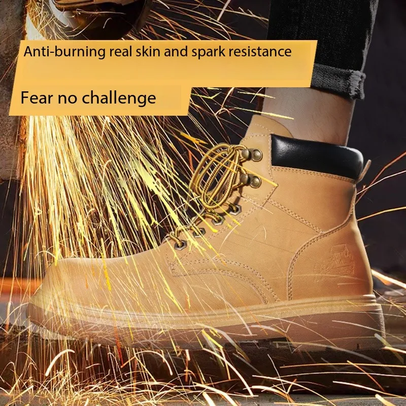 รองเท้าบูทนิรภัยสีเหลืองสำหรับผู้ชาย ป้องกันการเจาะทะลุ หัวเหล็ก รองเท้าผ้าใบหนังกันน้ำ รองเท้าทำงานป้องกันการกระแทกสำหรับผู้ชาย สำหรับกิจกรรมกลางแจ้ง