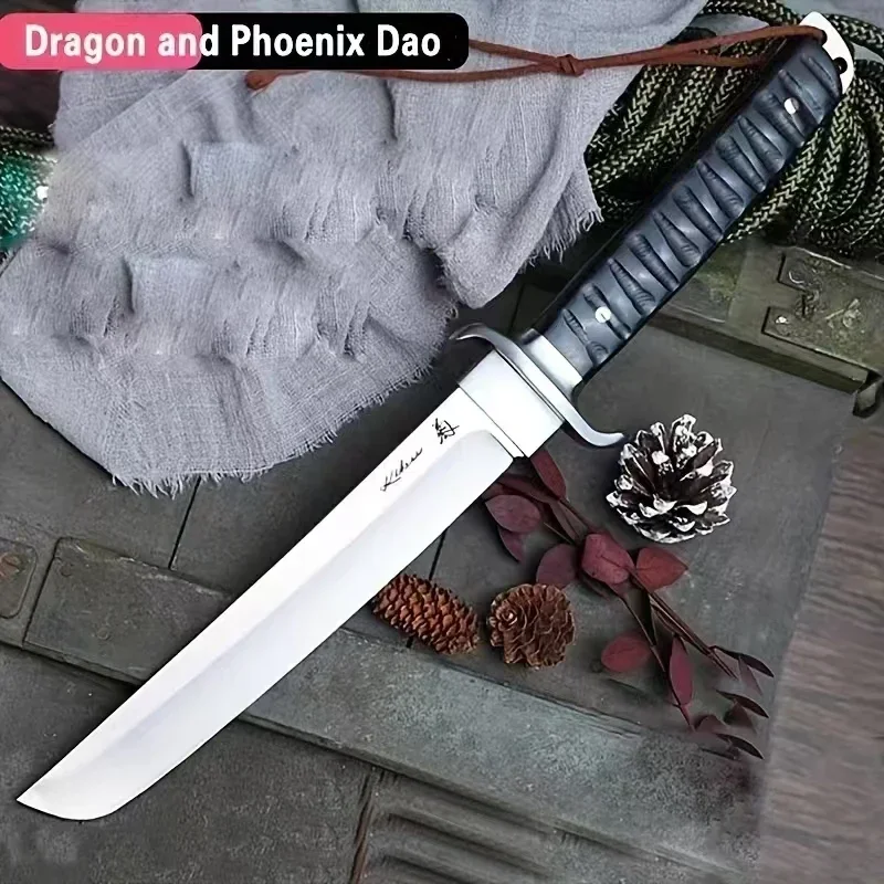 Japanese Style Dragon & Phoenix Samurai Straight Fixed Blade Knife D2 Tanto Blade Ebony Handle Tactical Kobun Military Knives