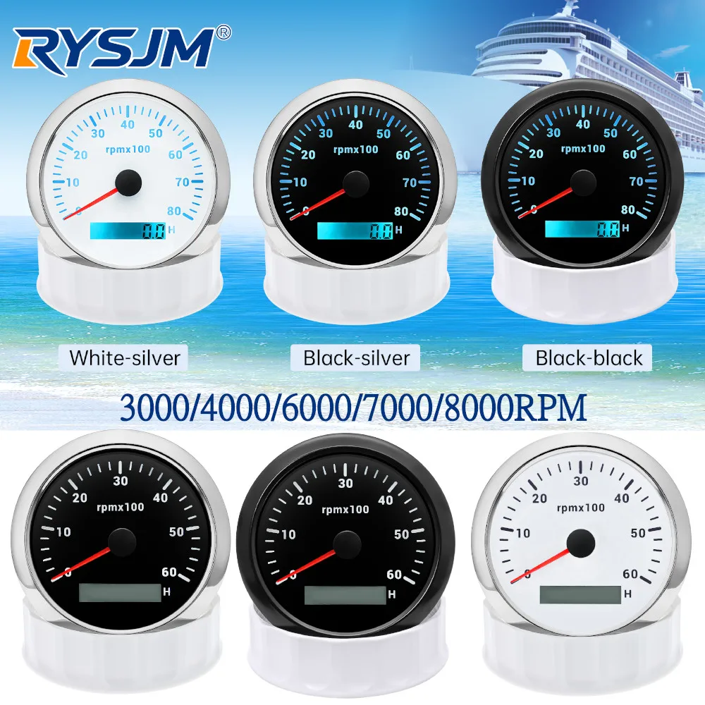 Tacómetro Marino 8K 6K 4K 3K 8000 RPM, Medidor de Velocidad para Barco, Tacómetro para Coche de 85mm con Pantalla LCD, Horómetro y Retroiluminación de 7 Colores