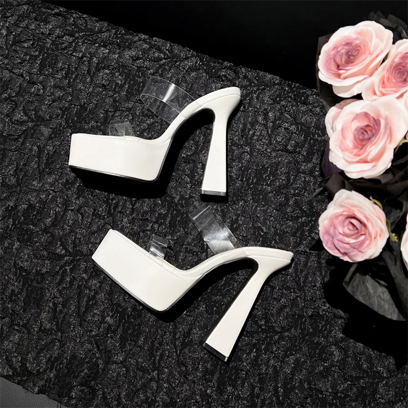 AIYKAZYSDL 2024 White Clear Transparent Strap Sandals Slides Mules Dance Shoes Women Platform Block Thick Heel Fetish Slippers