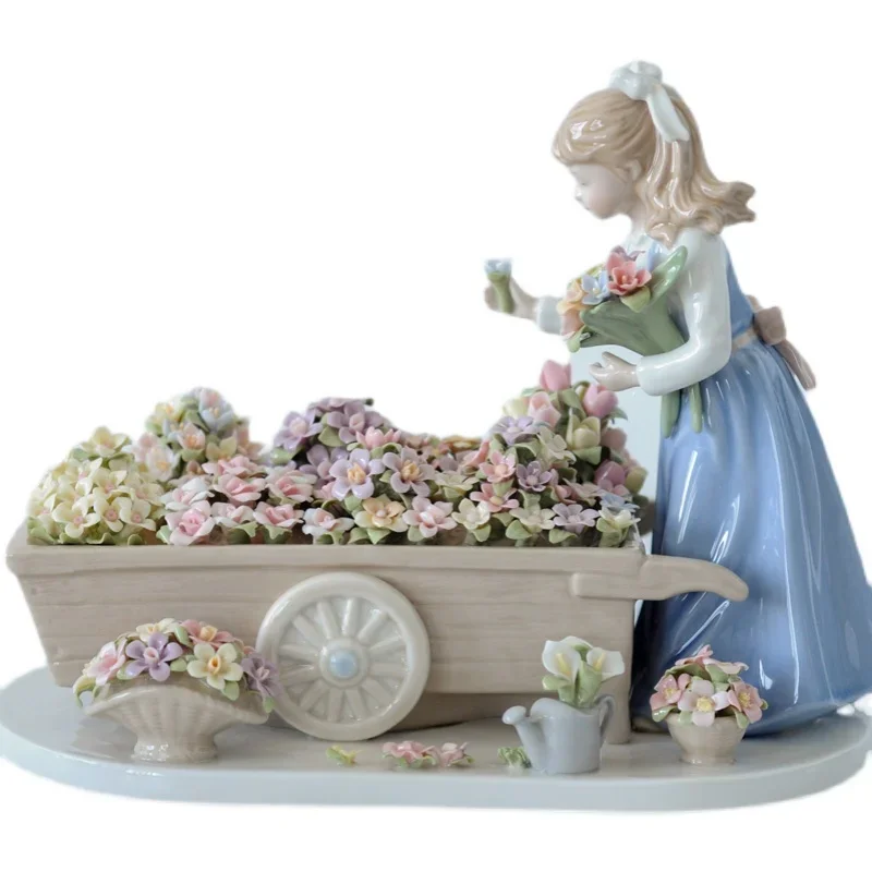 Ceramic Handicraft European Creative Home Ornament The Girl in Blue Dress Selling Flowers Sculpture Window Display Birthday Gift