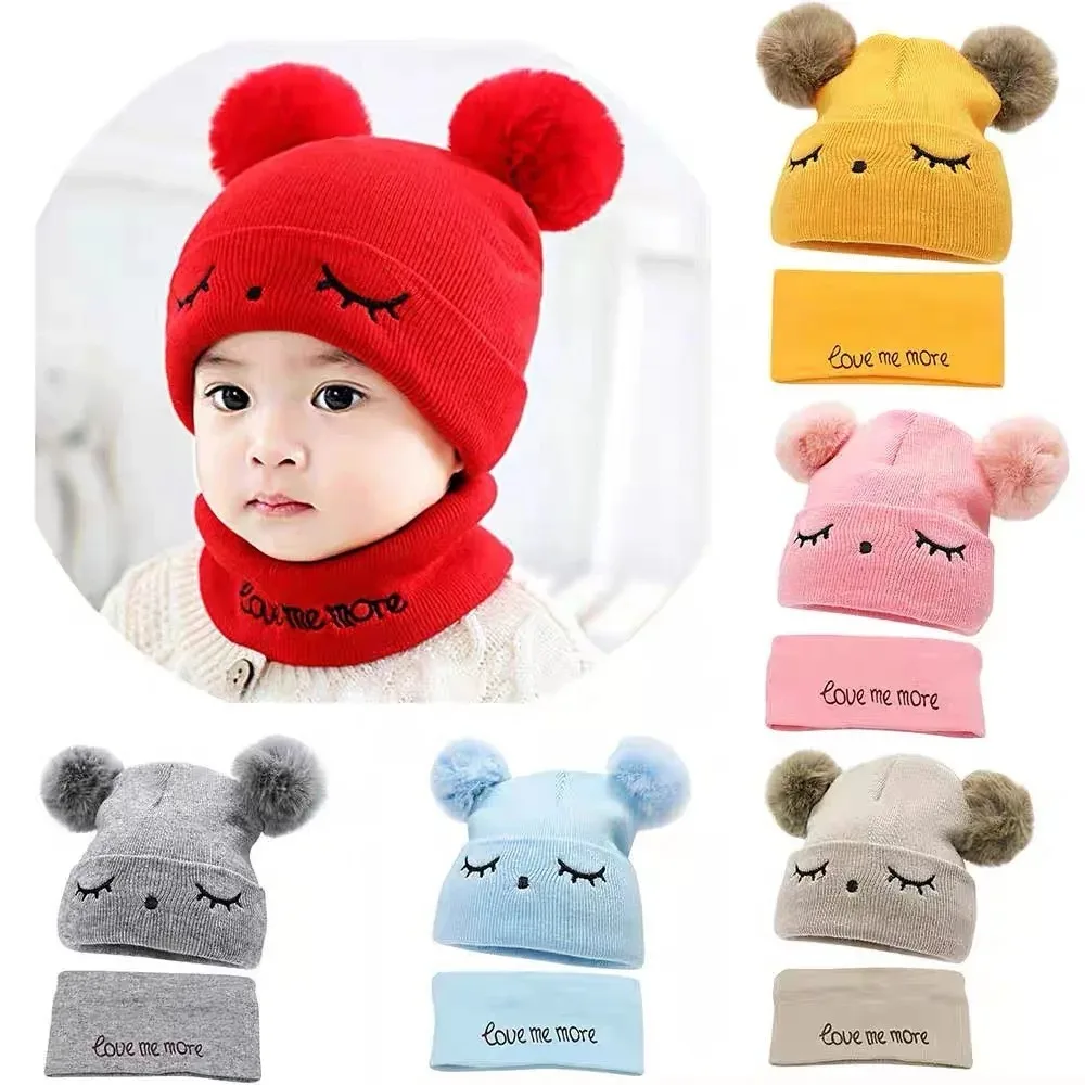 

Cute Cotton Wool Knitted Bonnet Pompom Beanie Winter Hat Solid Color 2-piece Set Baby Hat