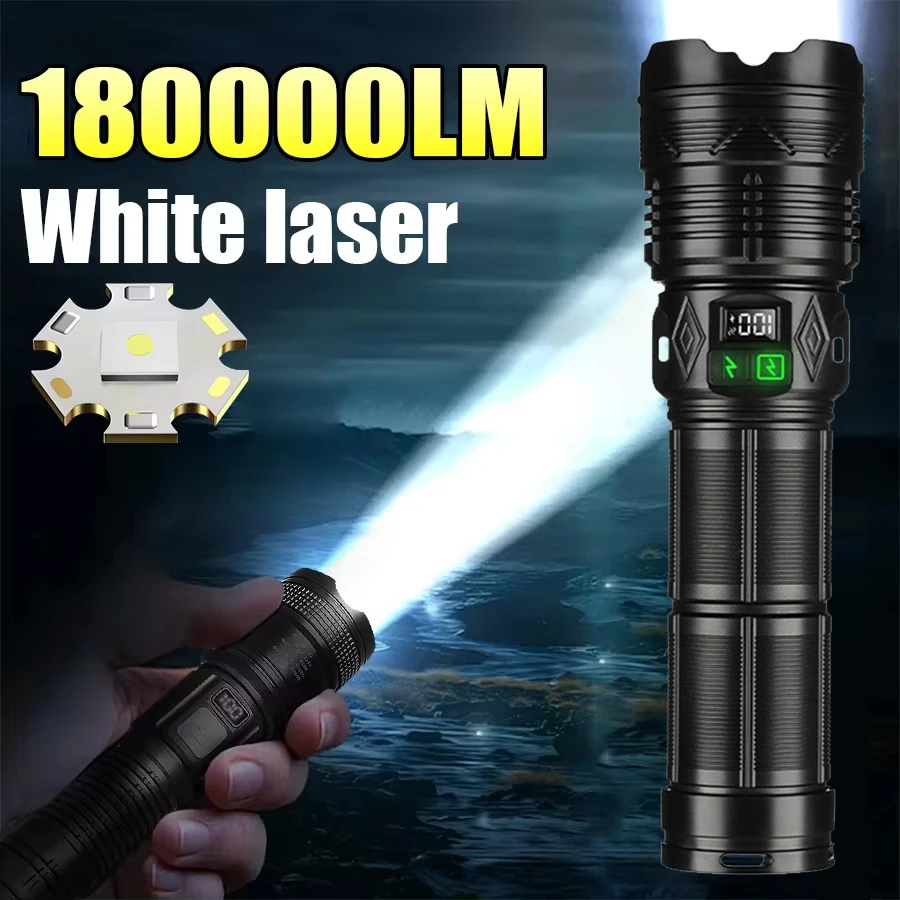 

High Power White Laser Flashlight Super Bright LED Spotlight Long Range Torch Zoom Emergency Outdoor With Battery Indicator