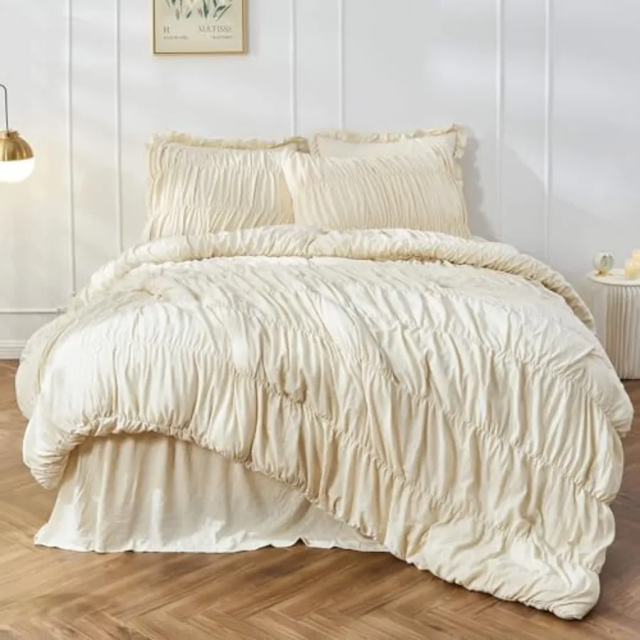

Comforter Set - Ruched Comforter Size Bed Set Boho Shabby Chic Bedding for Bedroom Comforter Fluffy 3 Pcs Ruffle Comforter Set
