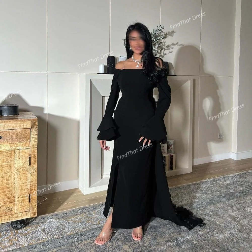 

Customized Stunning Boat Collar Satin 3D Flowers Lace Sheath Evening Dress Long Sleeve Floor Length with Sweep Court Saudi Dress