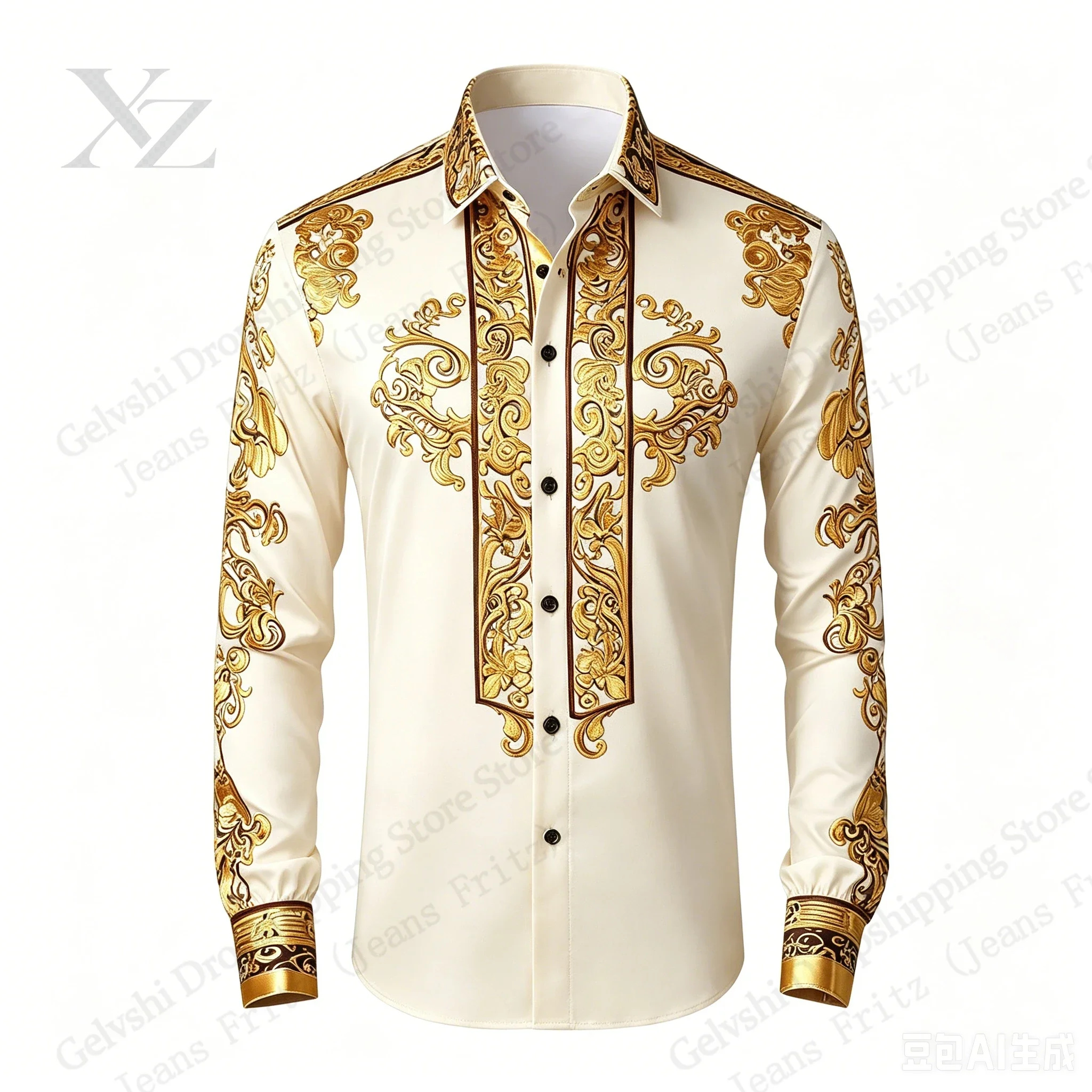 Long Sleeve Golden Shirt Baroque Luxury Pattern 3d Print Hawaiian Shirt Men Women Fashion Casual Shirt Slim Blouse Mens Clothing