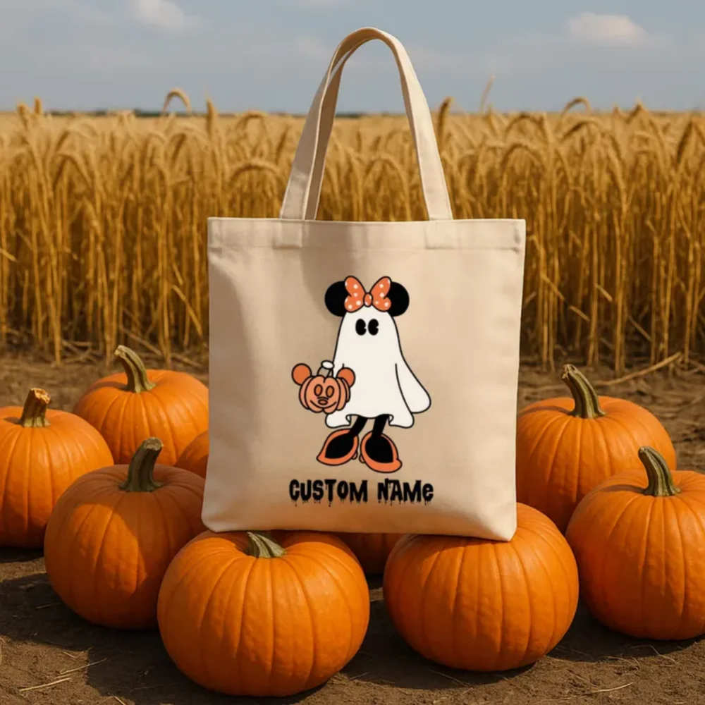 حقيبة حمل مخصصة للهالوين، حقيبة خدعة أو علاج لشخصية شبح، حقيبة يقطين تحمل اسم مخصص، حقيبة حلوى الهالوين للأطفال، حقيبة ميكي ميني