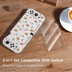 1 Pcs Love Flower Cherry Bear Case with 2 Tempered Glass Screen Protectors for Switch NS/Oled/Lite, Compatible with Switch Con