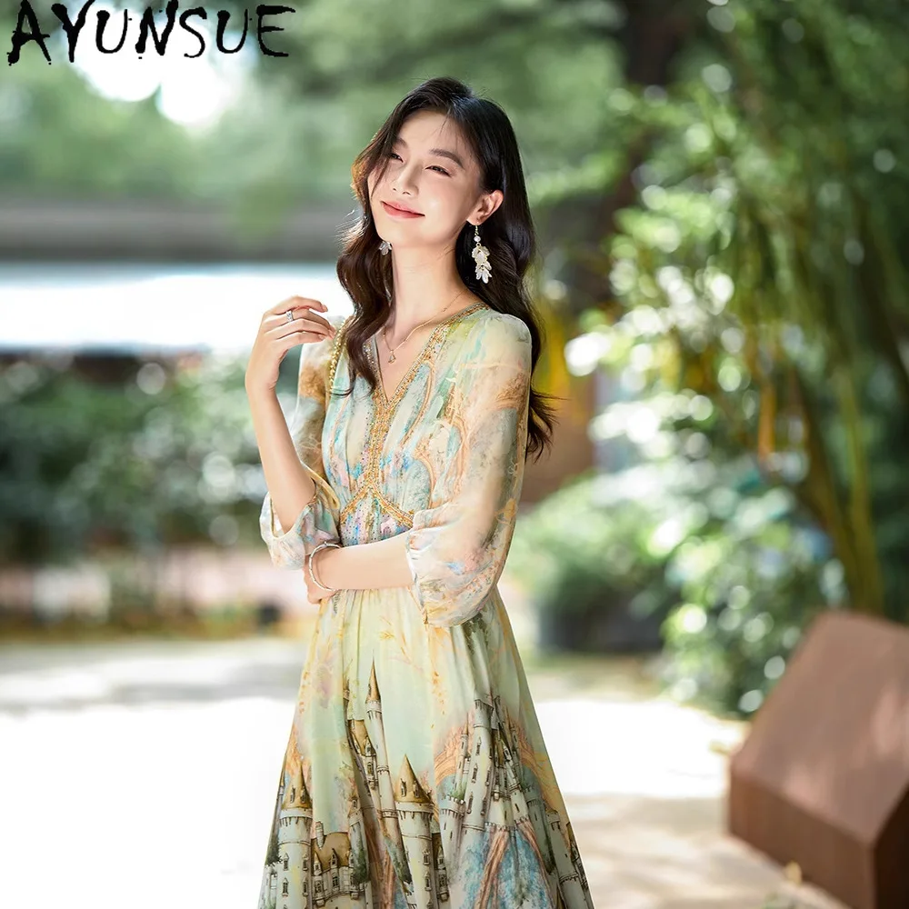 

AYUNSUE 100% Mulberry Silk Dresses Woman V-Neck Floral Print Elegant Dress Woman Clothes High Quality Summer Dress Jupe Femmes