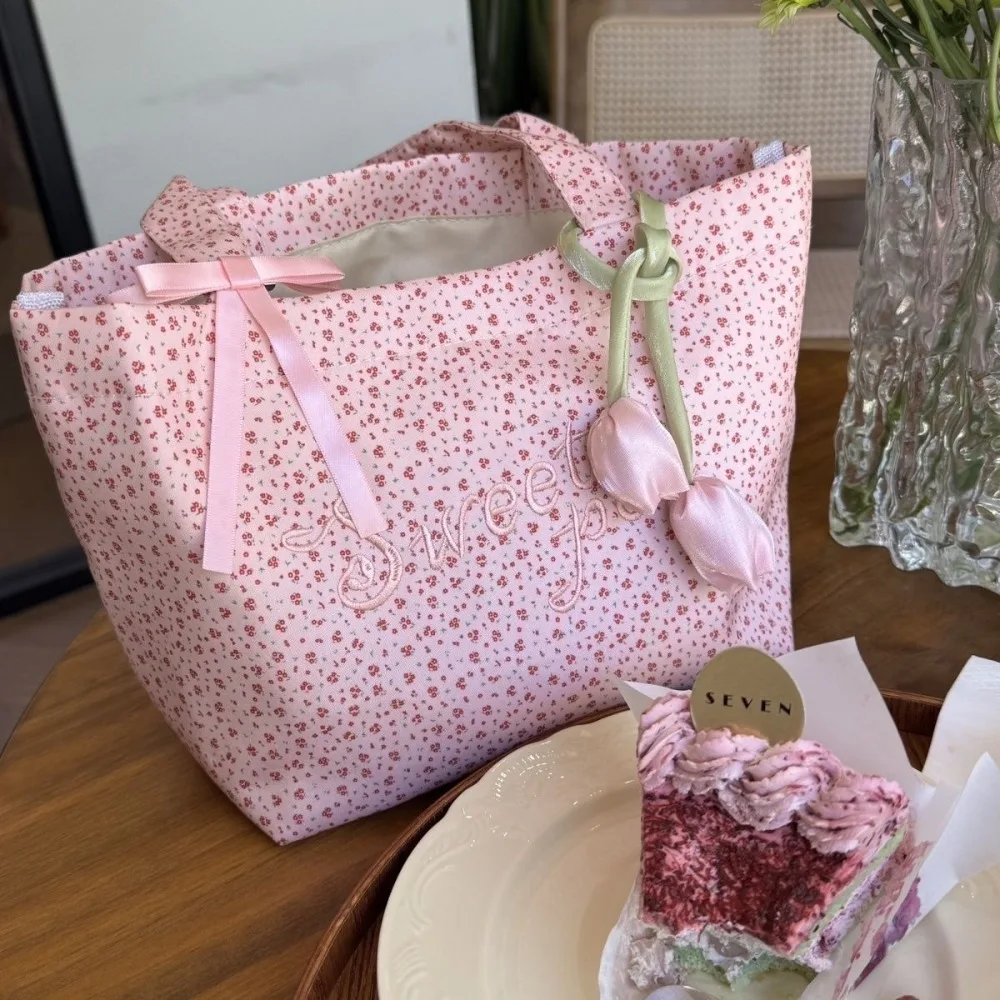 Gifts Pink Flower Handbag Embroidery Letter Large Capacity Tote Bags Floral Printed Shoulder Bag for Teenage Girls