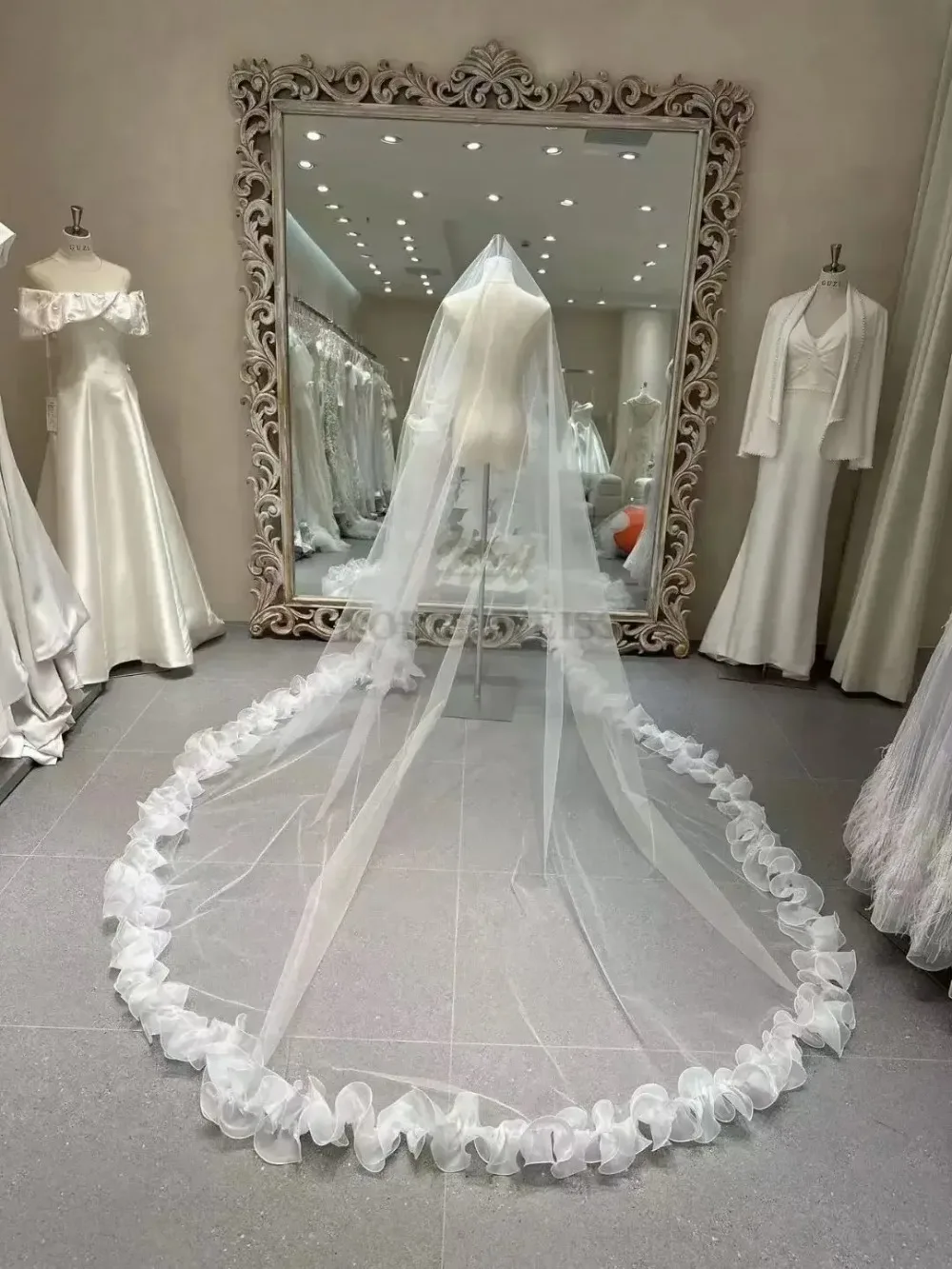 Voile de mariée Long 1T, bord en Organza à volants, en Tulle, accessoires de mariage personnalisés