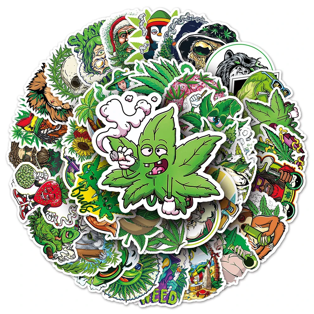 10/30/50PCS Leaves Weed Smoking Cool Stickers for Kids Toys Waterproof Graffiti Motorcycle Phone Car Funny Characters Sticker