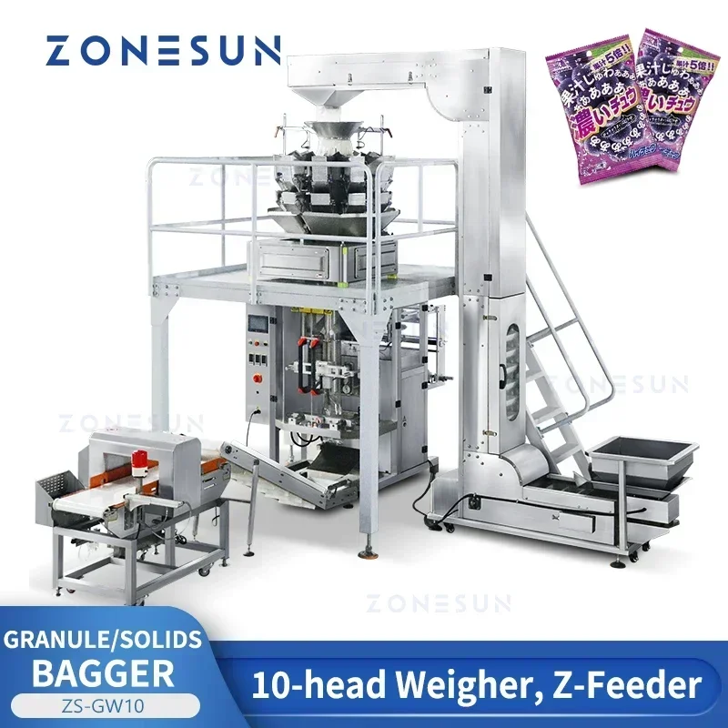 ZONESUN Insaccatore di granuli ZS-GW10 Fagioli Semi di sesamo Metal Detector Controllo Pesatrice Z Alimentatore Solidi Linea di produzione di imballaggi alimentari