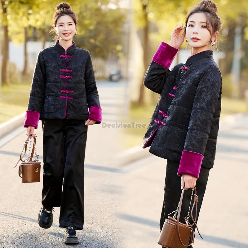 Manteau de costume jacquard tang de style chinois classique, simple, élégant, décontracté, quotidien, chaud, confortable, vêtement en coton peluche, hiver, 2024