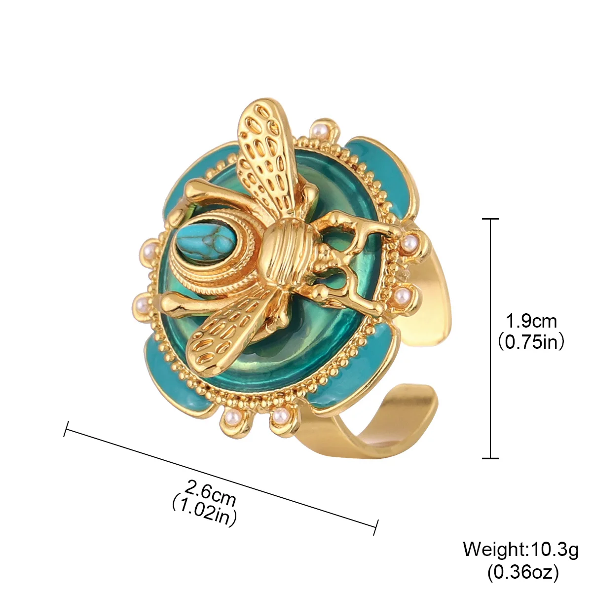 Elegant Green Enamel Bee Ring - Gold Plated Open Cuff Ring with Turquoise & Pearl Beads - Fashion Jewelry Gift - Image 2