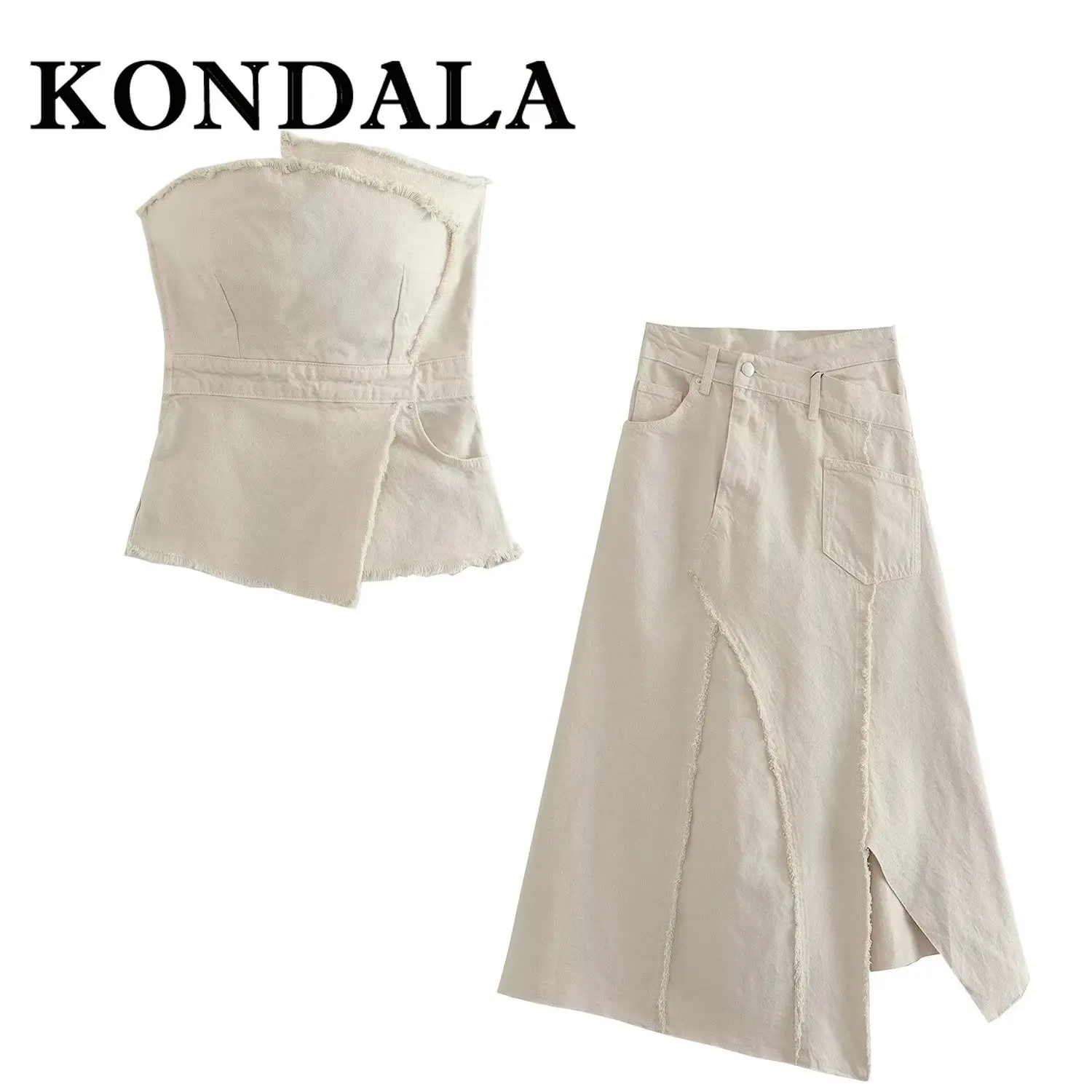 KONDALA 2025 Tassel Vintage White Woman Suit Asymmetric Strapless Slim Vest+Chic Split Long Dress Women Casual Elegant Sets