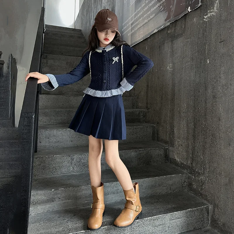 Girls Clothes Set Autumn Fashion  Ruffles Hem Splicing Knitted Top + Pleated Skirt 2pcs Kids Suit College Style Children Outfits