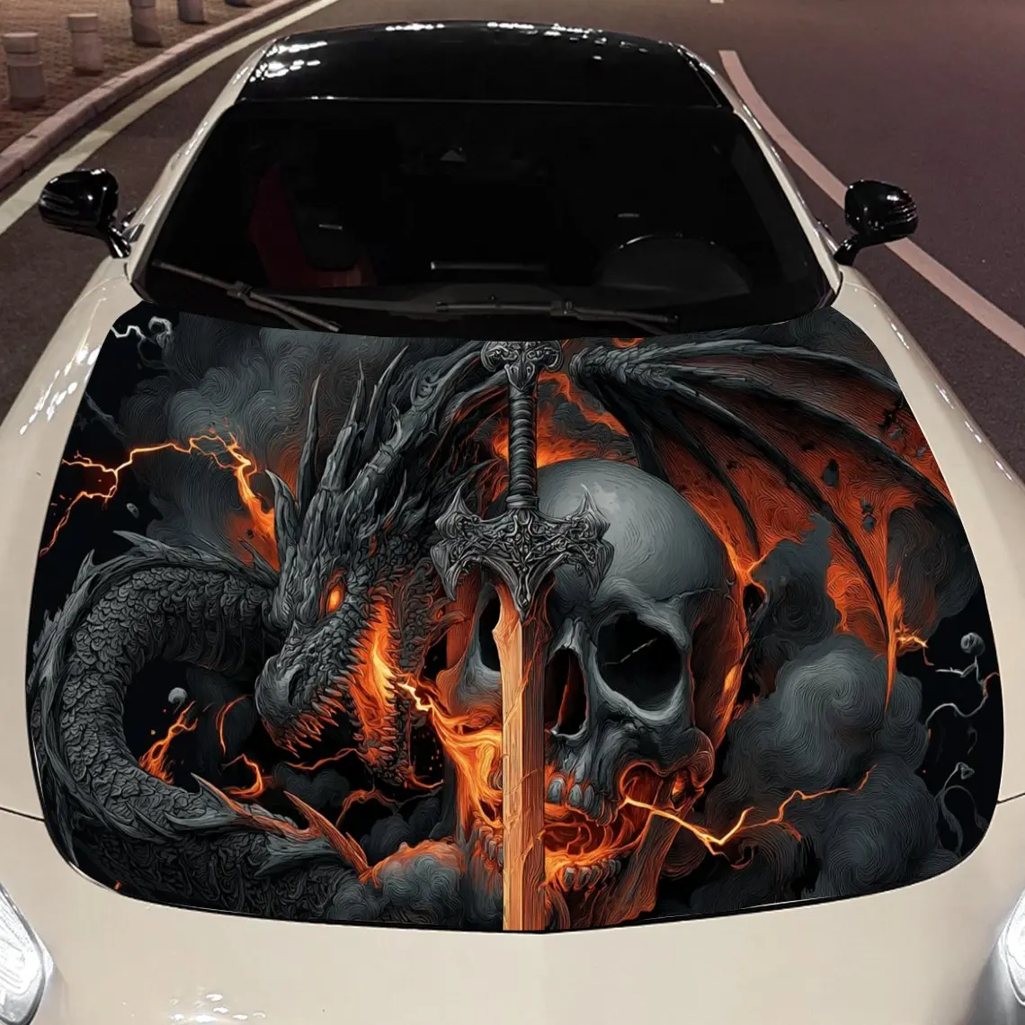 

Red-Flame Dragon Skull & Holy Sword Car Vinyl Wrap, PVC Material Waterproof Car Hood Sticker, Self-Adhesive Scratch-Resistant St