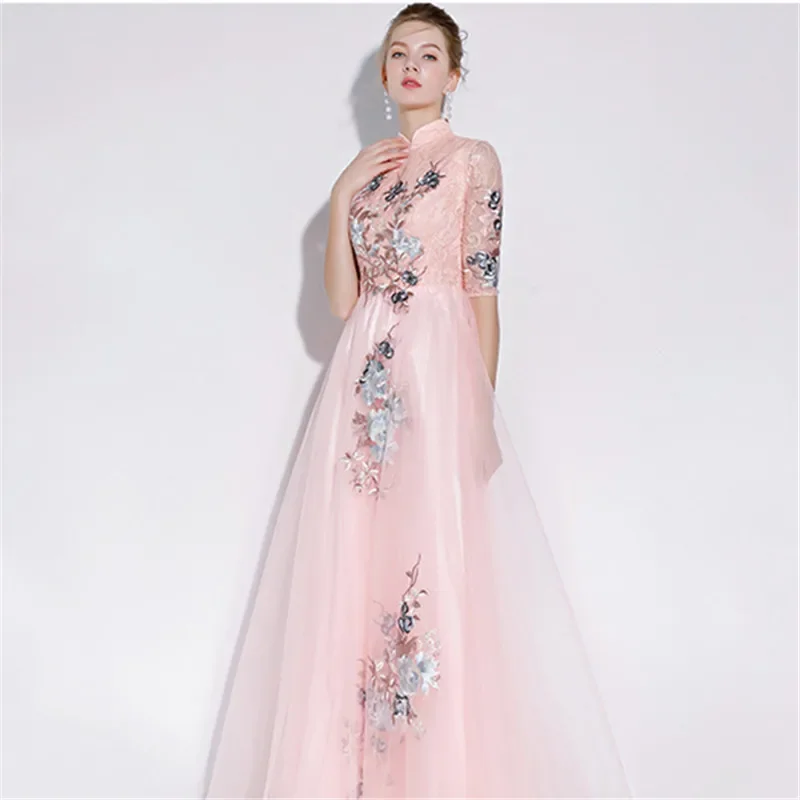 Het is Yiiya Aangepaste Avondjurk Wijnrood Applicaties Hoge Kraag Halve Mouw Vloerlengte Plus size Vrouw Party Formele Jurken