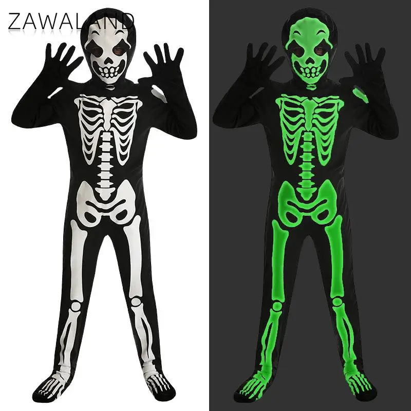 

Zawaland Boy Girl Halloween Skeleton Costume Glow in the Dark Full Cover Bodysuit Scary Party Jumpsuit Stage Performance Outfit