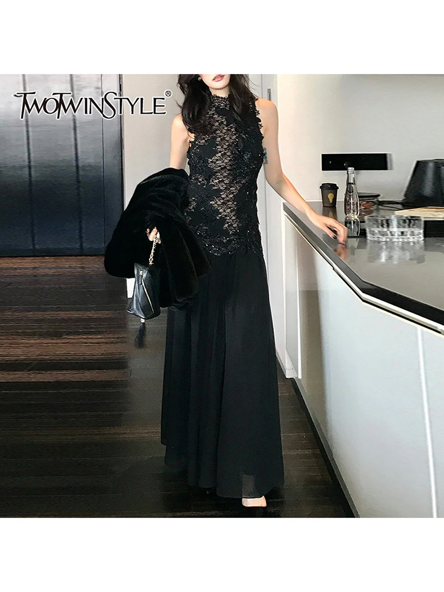 

Модное женское платье TWOTWINSTYLE с кружевными вставками, воротником-стойкой, без рукавов, с завышенной талией, облегающее, однотонное, длинное, элегантное, новинка