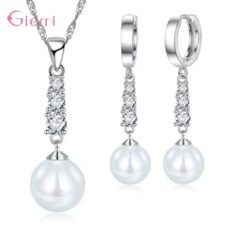 925 Sterling Silver Cubic Zirconia Pearl Dangle Earring Pendant Necklace Jewelry Sets for Women Girl Fashion Trendy Jewellry