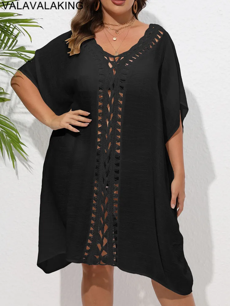 2025 Solid Women Plus Size Bikini Cove Up Short Sleeve Large Big Tunic Lady Chubby Beach Dress Summer Hollow Swimsuit Cover-Up