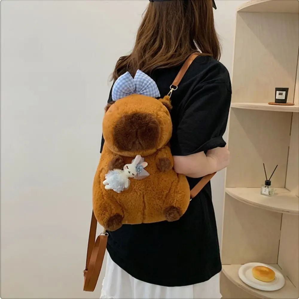 Animals Doll Lolita Capybara Plush Backpack Zipper Bow Knot Capybara Plush Shoulder Bag Cosmetic Large Capacity