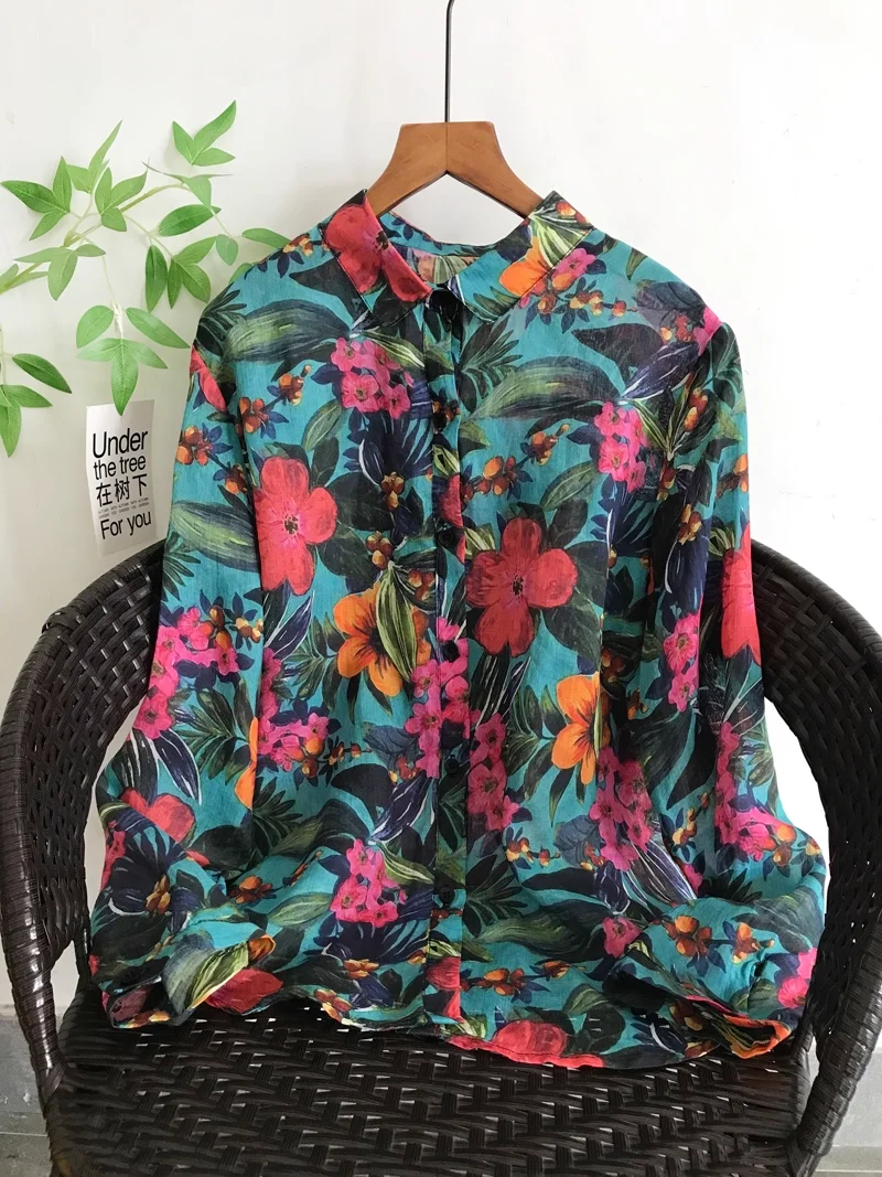 

Pure Ramie Linen Long Sleeve Tops for Women Beach Style Forest Leaves Oil Painting Blouses Autumn Hawaiian shirt
