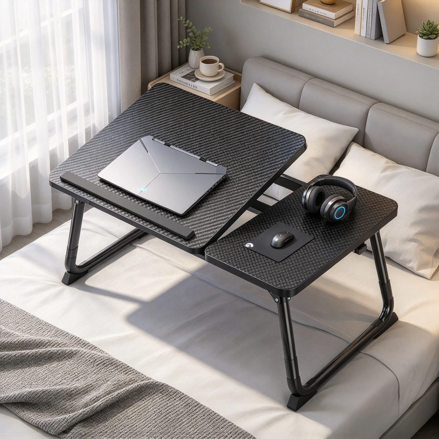 Height Adjustable Laptop Bed Table Folding Gaming Desk with High Density Board Large Sturdy Surface Space Saving Dorm Room Use