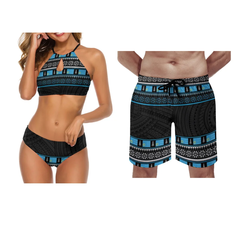 Tribal Peoples Polynesia Custom Couple Swimwear High-Waisted Halter Bikini Men'S Beach Shorts Quality Soft Fabric