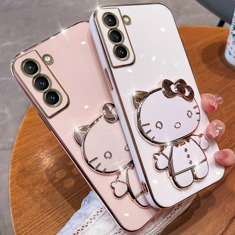 Luxury Plating Hello Kitty Case for Samsung Galaxy S23 S22 Ultra S21 S20 FE S10 S9 S8 Note 20 9 8 Plus 10 Lite Mirror Rack Cover