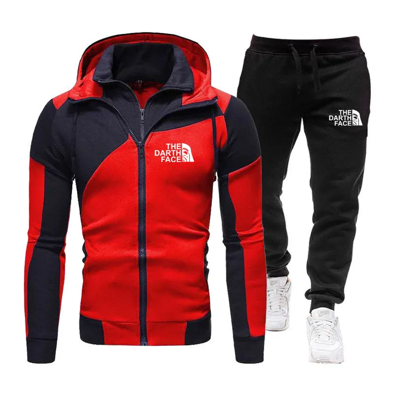 2024New men\'s double zipper jacket hoodie + black casual jogging pants two sets of fashion casual fitness sportswear two sets