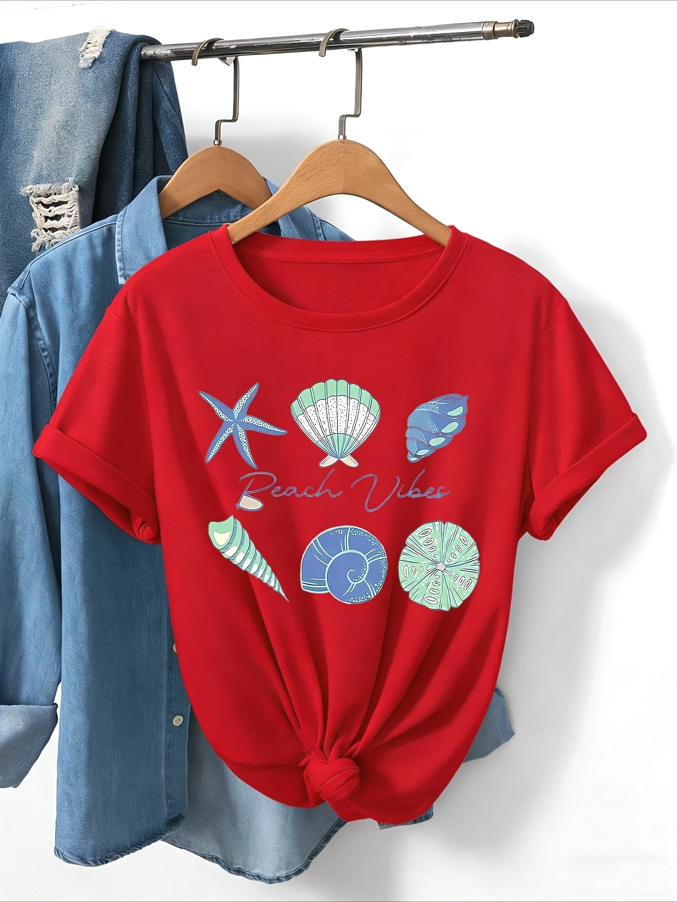 Marine Shell Organisms Pattern Print Short Sleeve T-Shirt Crew Neck Top Fashion Y2K Comfort Fit for Women Top Casual Clothing