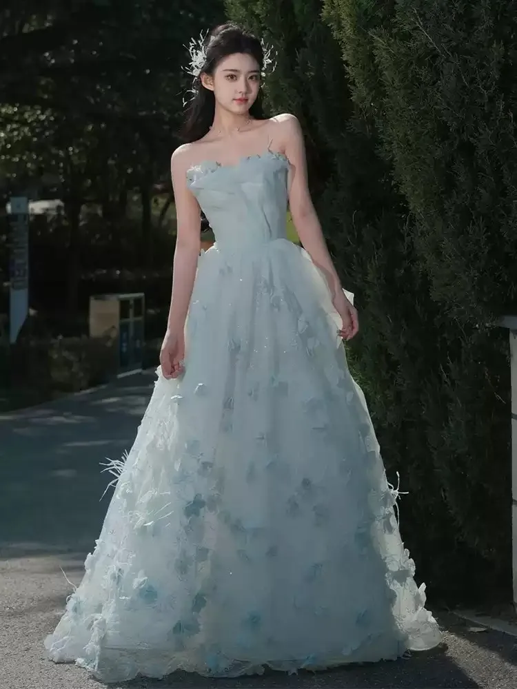 Vestido de noche azul claro, vestidos largos florales para graduación, sin tirantes, con cordones en la espalda, vestidos de fiesta L & P DQL Studio Fotos reales