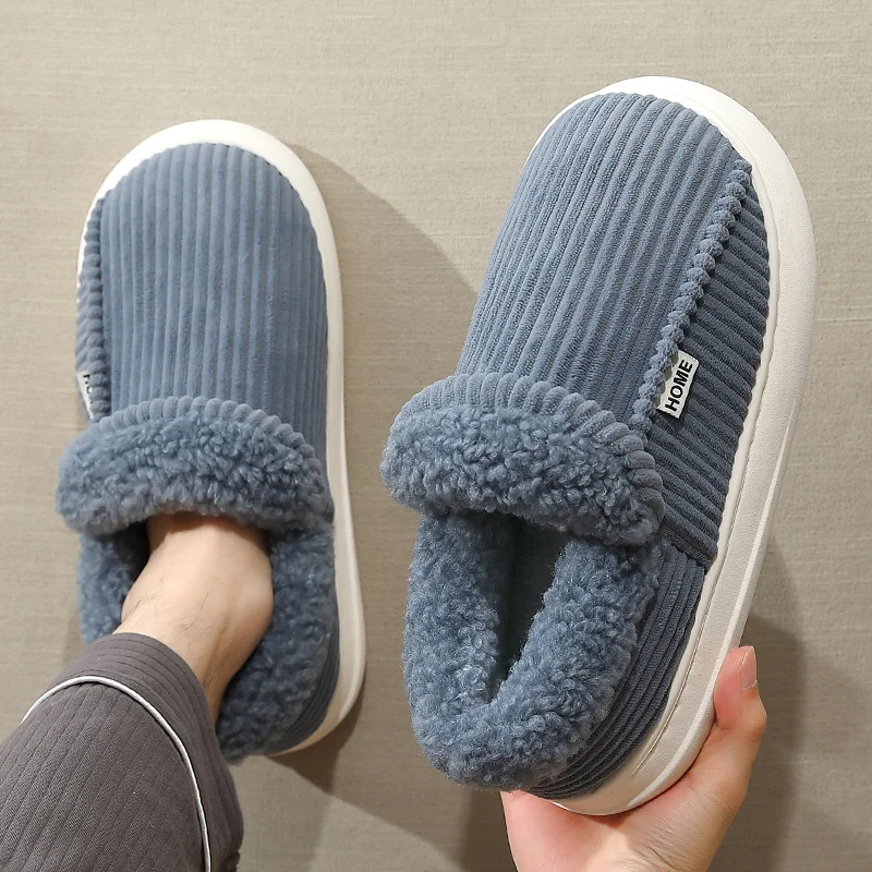 Plus Size 48-49 Winter Couple Style Solid Color Wrap Heels Plush Slippers Non-slip Warm Women Men Home Cotton Shoes