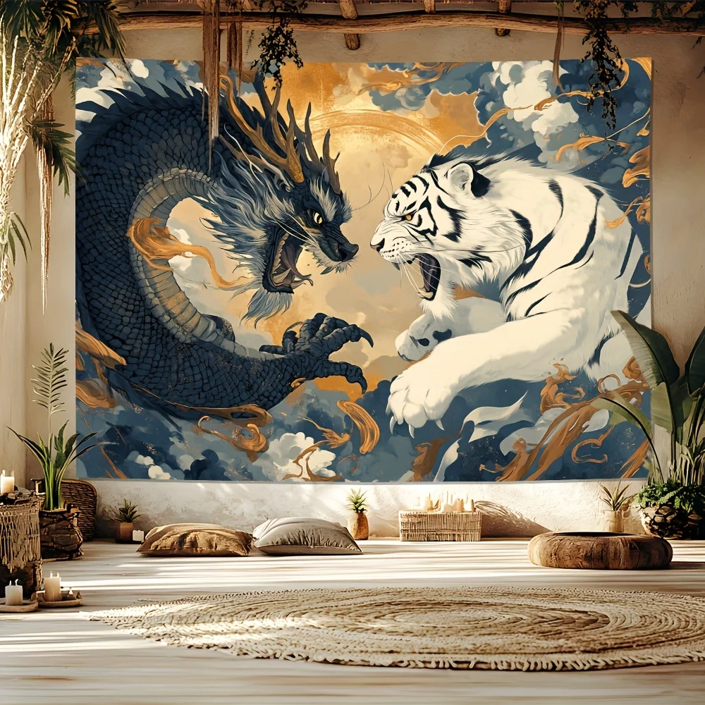 Dragon vs Tiger Tapestry - Mythical Clash, Dramatic Clouds & Intense Battle for Bold and Powerful Home Decor Wall Art