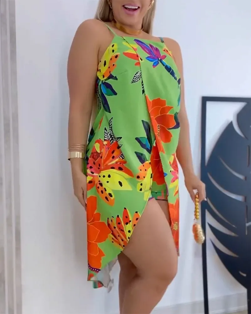 

2024 Summer Women Beach Two 2 Piece Set Causal Tropical Floral Print Front Slit Cami Top and Drawstring Shorts Set