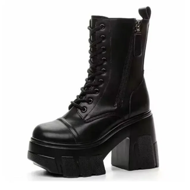 NOWOŚĆ Punk Gothic Women Boots 11CM Platform Wedge Knee High Fashion British Boot ZIP Leather Ankle Spring Synthetic Autumn Shoes