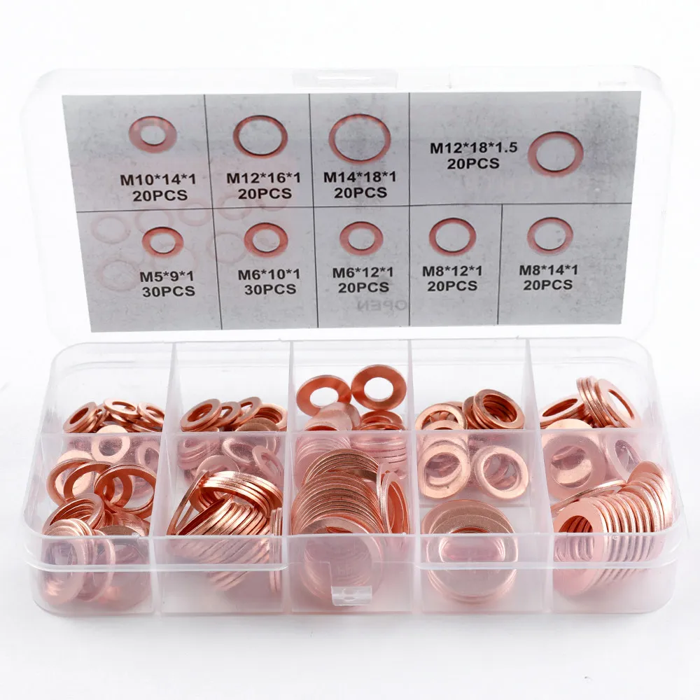 

200PCS-Copper Gasket M5-M14 Oil Seal Gasket Combination Boxed O-ring Seal Gasket