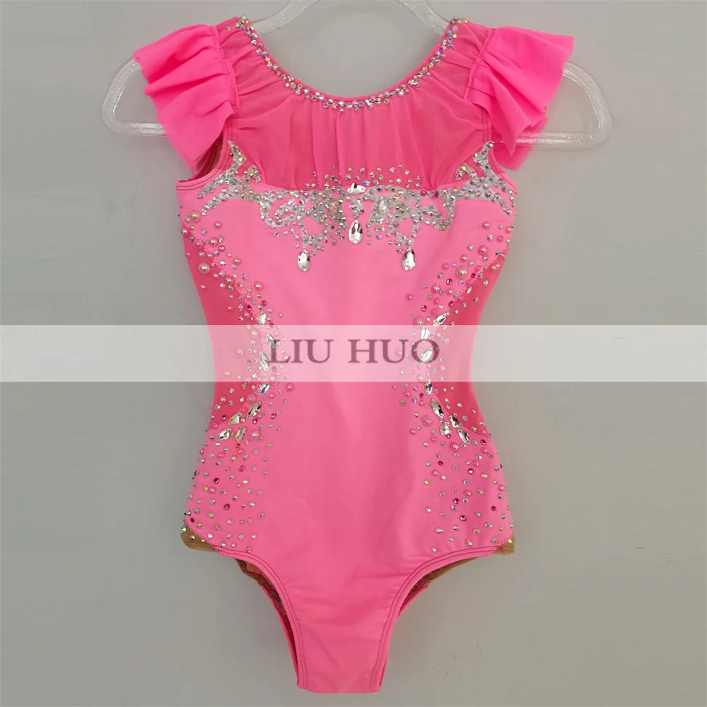 LIUHUO Rhythmic Gymnastics Leotard Aerobics Women Girl Costume Performance Competition Dance Dress Professional Sleeveless Pink