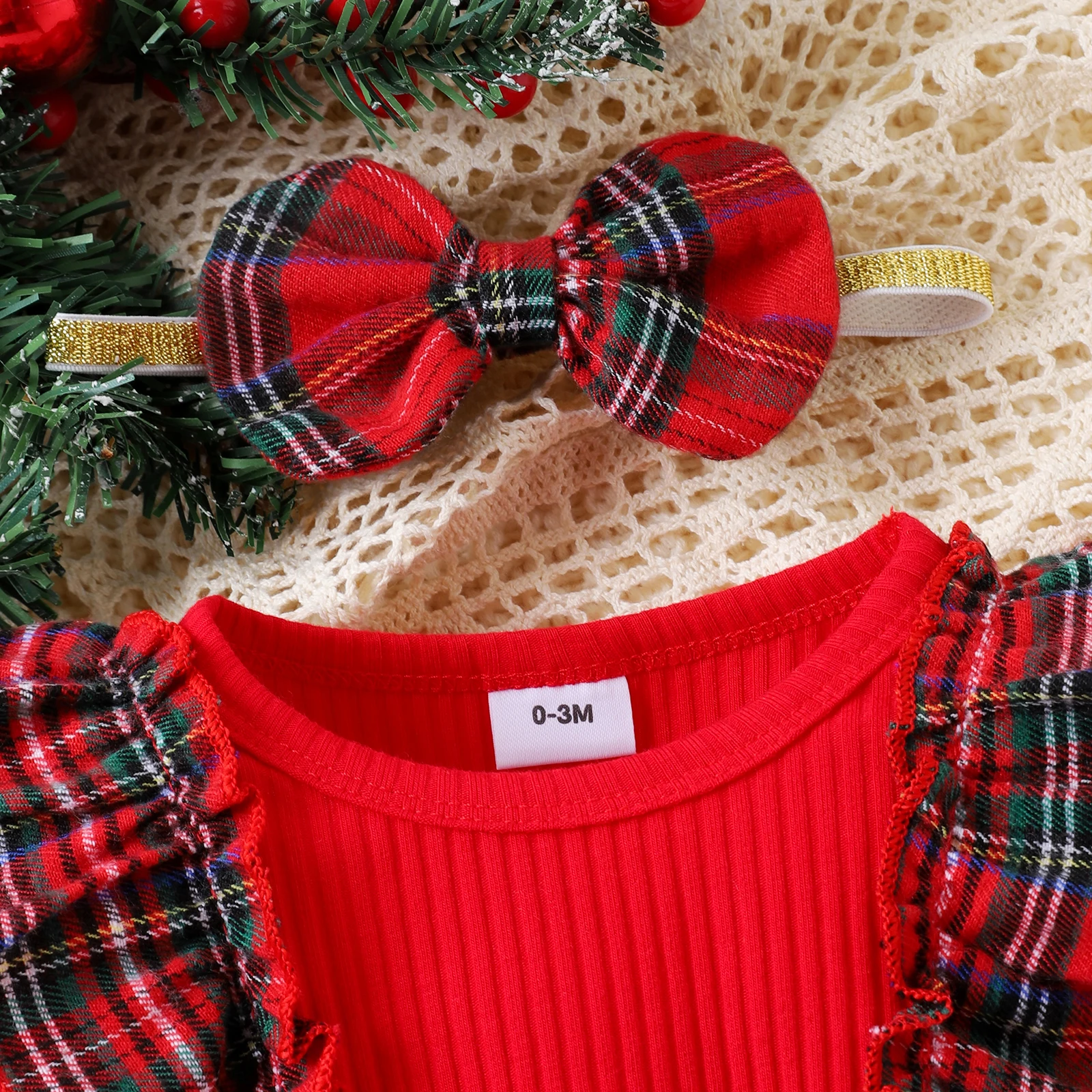 Baby Girls Long Sleeve Christmas Rompers Infant Ribbed Plaid Round Neck Bodysuit Headband Sweety Newborn Xmas Jumpsuits