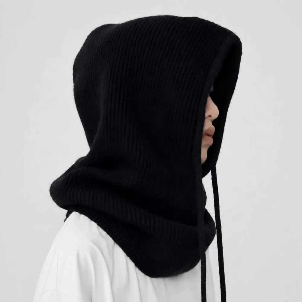 Knitted Balaclava Hat Hooded Thick Warm Pullover Beanies One-Piece Neck Collar Drawstring Winter Ski Mask Caps Winter Outdoor