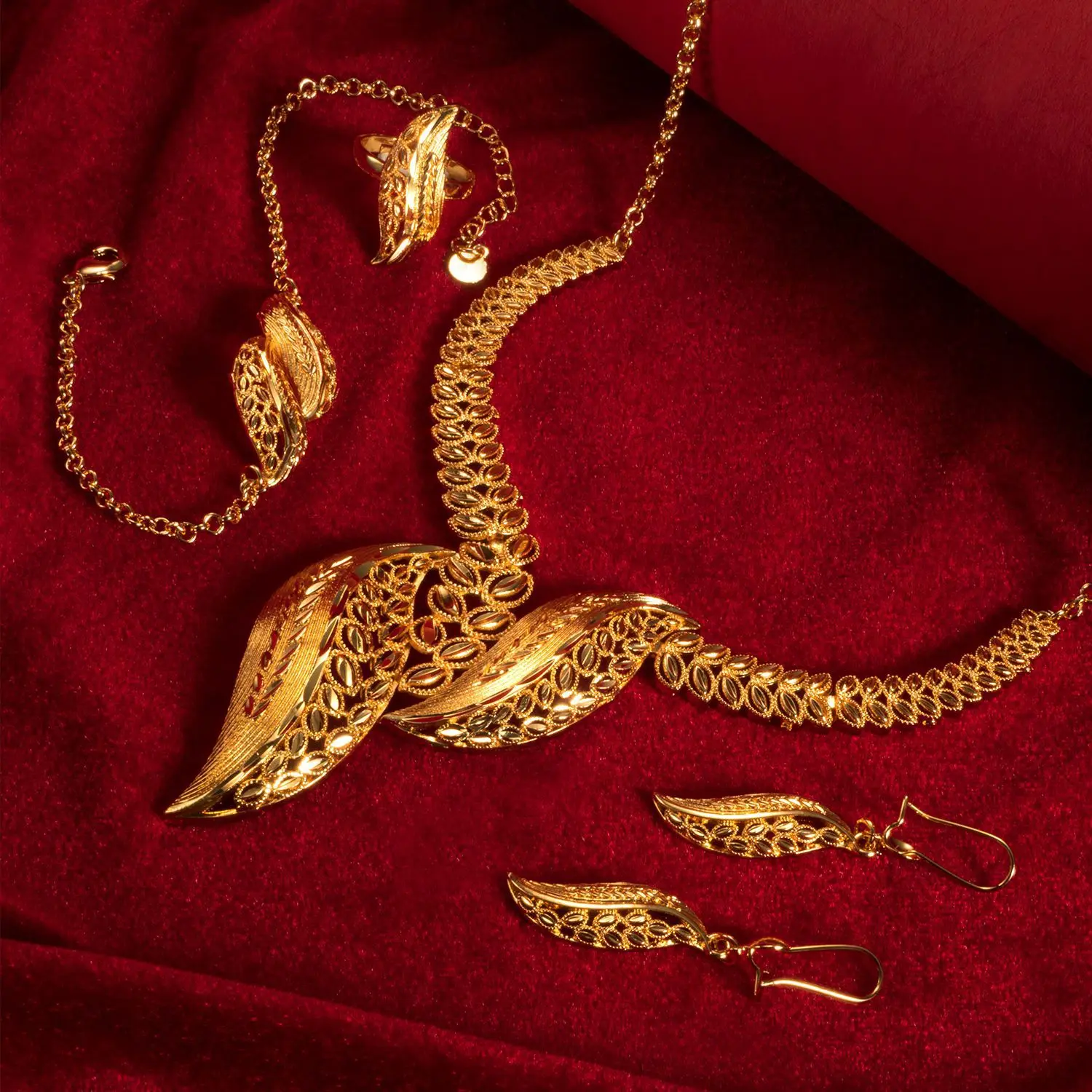 9999 Gold Dubai African Jewelry - Distorted Geometric Shape Bridal Necklace, Earrings, Ring, Bracelet Set