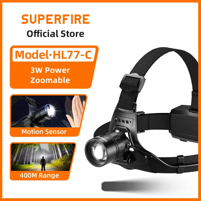 SUPERFIRE HL77-C Zoomable Led Headlamp Powerful Sensor Headlight USB Rechargeable Waterproof 18650 Super Bright Head Flashlight