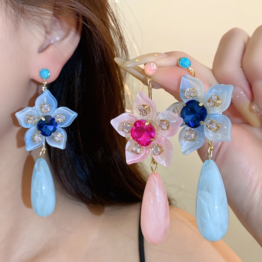 Transparent Flower Rhinestone Dangle Earrings Water Drop Pendant Long Drop Earrings Bohemian Women Ear Jewelry
