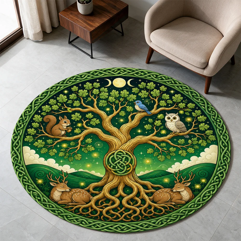 Enchanted Forest Tree Life Circle Area Rug Bohemian Woodland Animals Cottagecore Decor for Living Room